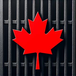 Stylized Canadian maple leaf intertwined with grill grates, symbolizing Canadian manufacturing and pride.