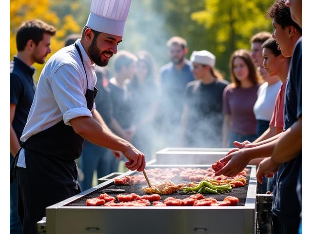 Chef teaching a grilling workshop, audience engaged